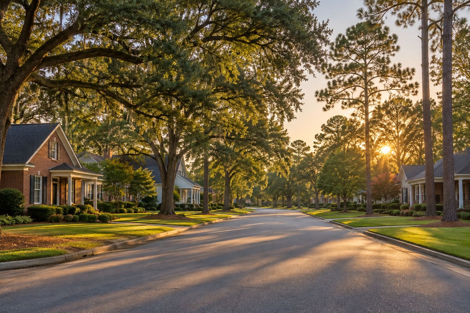 A quiet South Georgia neighborhood street at golden hour, illustrative