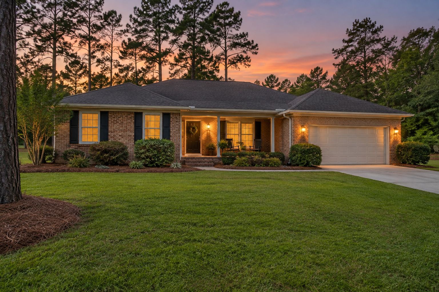 A South Georgia home exterior at dusk, illustrative